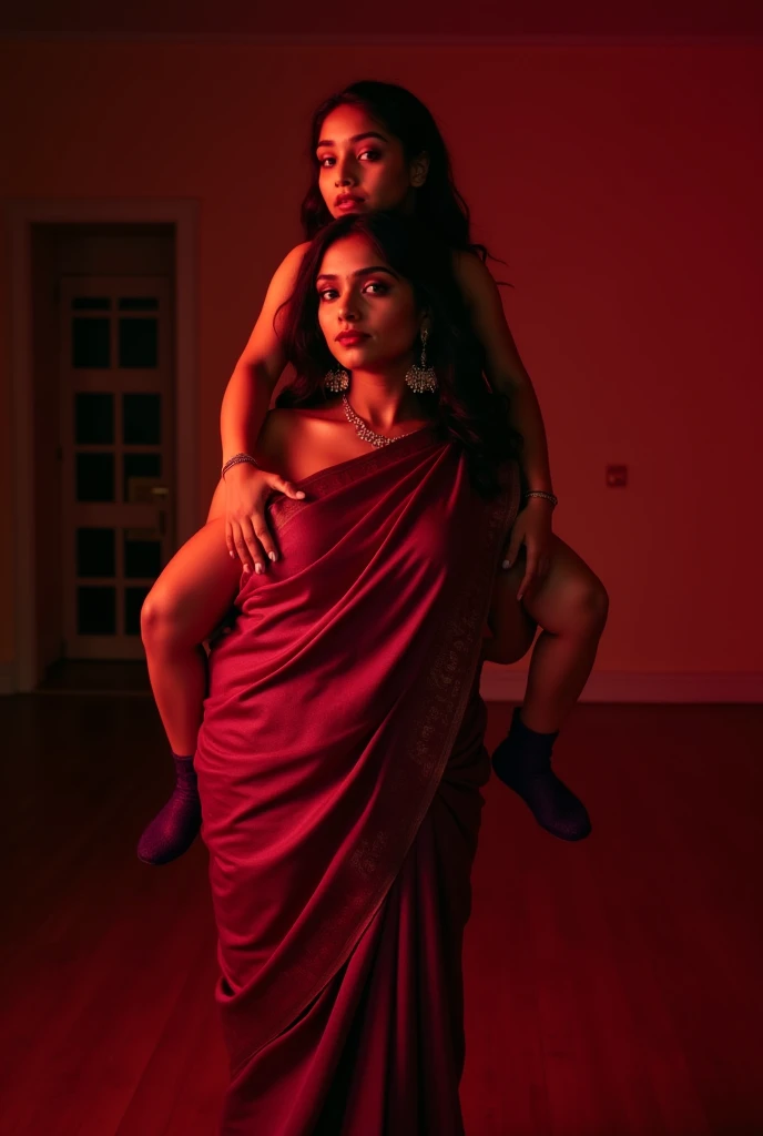 Beautiful and Slim sensual Indian woman in a dark pink silk saree lifting piggyback a large chubby man above her shoulders, man is sitting on woman's shoulders, in a red light room with high ceiling, natural smile, woman is looking into the camera , she is holding his hands, full body image 