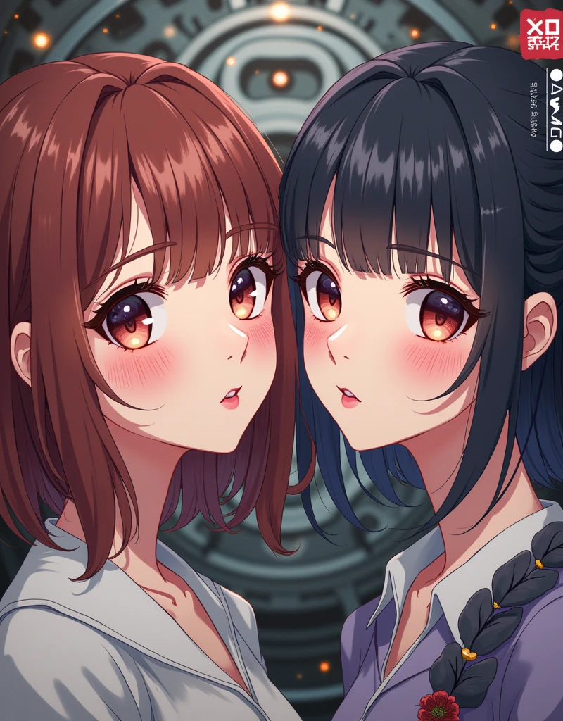 anime close up portrait of a adult 2 woman by Mika Pikazo, kawaii, industrial background