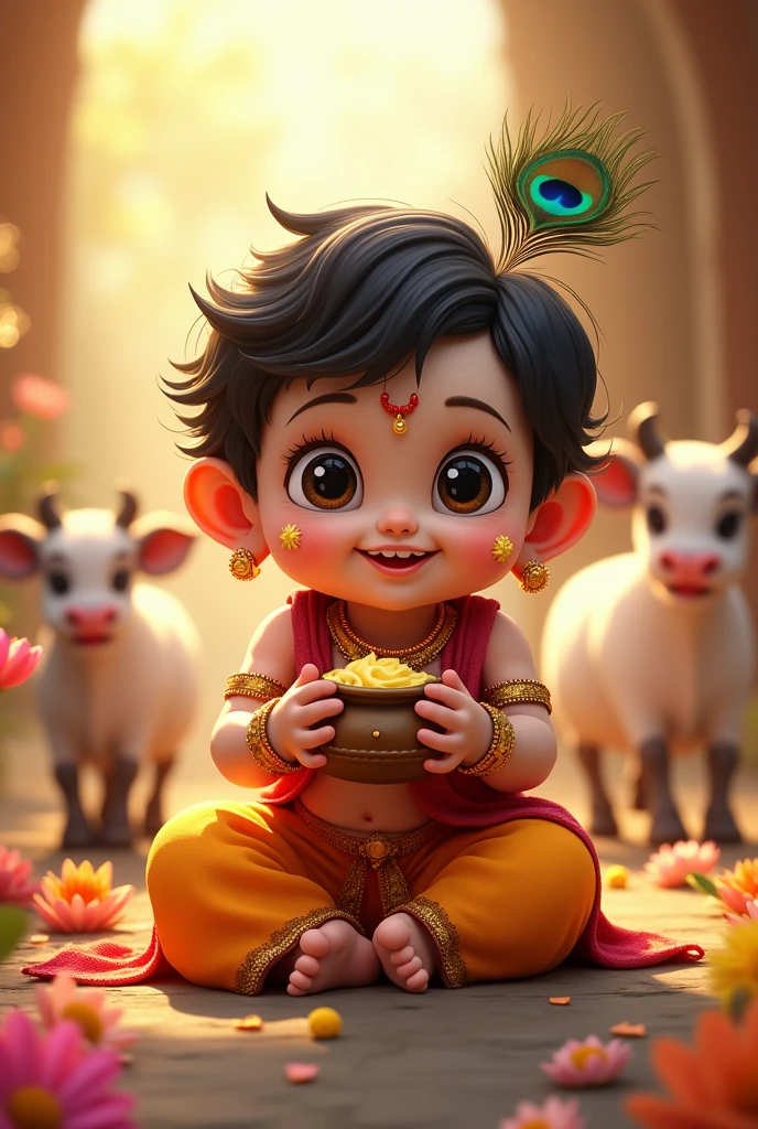 Create an adorable image of baby Krishna. He is shown sitting playfully, with a radiant smile and big, expressive eyes. He is dressed in traditional attire, adorned with a peacock feather in his hair. Krishna is holding a small pot of butter, with some butter smeared on his face, showing his love for the treat. Surround him with colorful flowers and a few playful cows in the background. The scene should be warm and enchanting, with a soft, glowing light that highlights Krishna's innocence and charm."