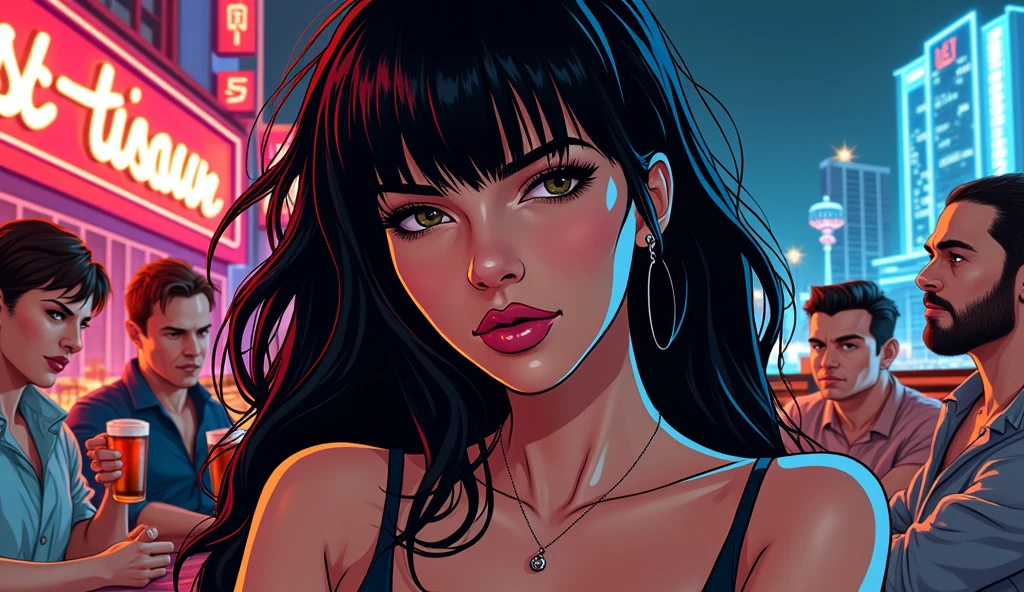 Contour drawing with thick lines, portrait of a woman in GTA style, black hair, background - miami city guys with beer,