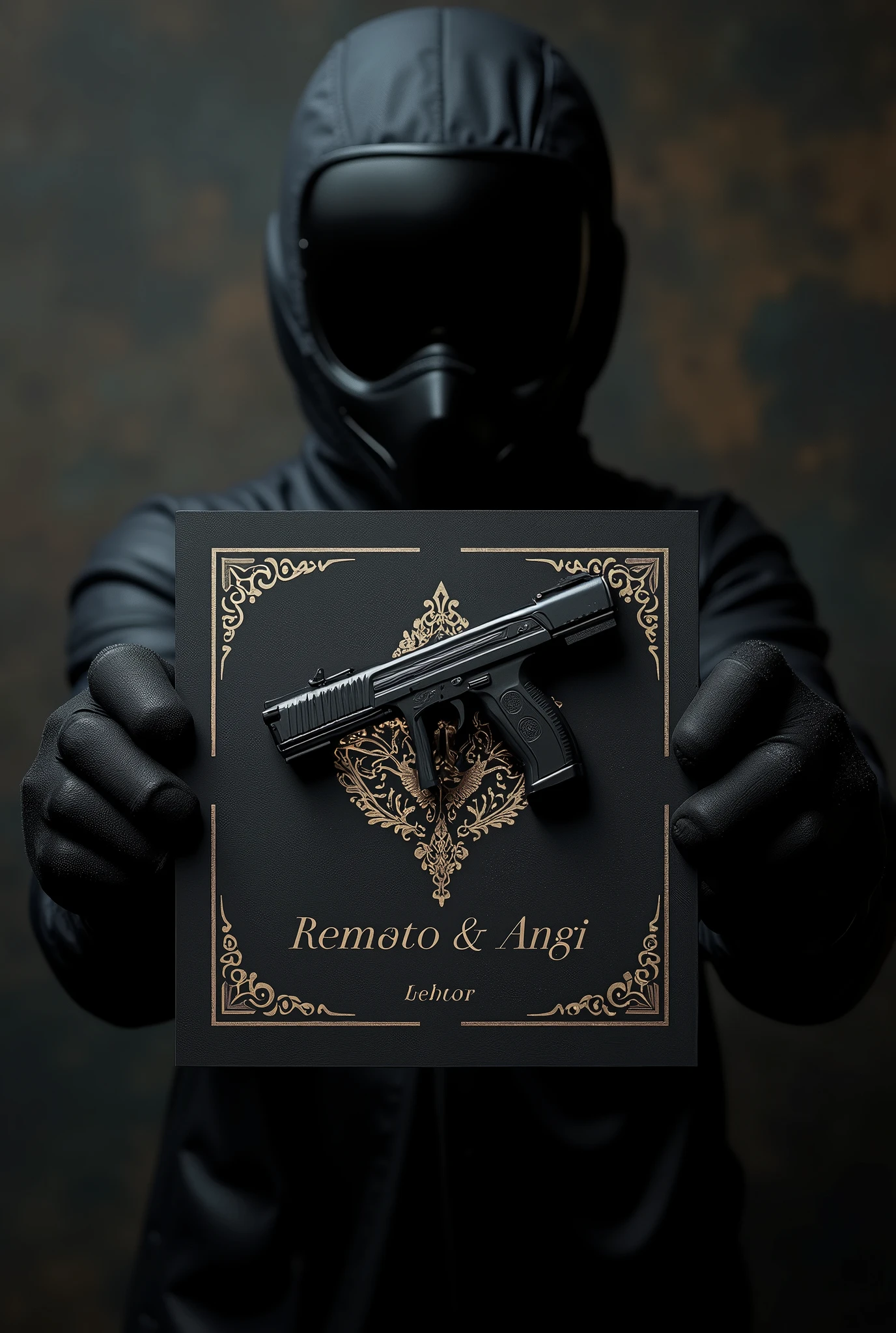 I would like to create a wedding invitation. The people getting married are called Remato and Angi. I would like their names to appear there and the time at 6 pm. Could you put the Mw3 tactical konig with a dark mask holding the names or just in the background?