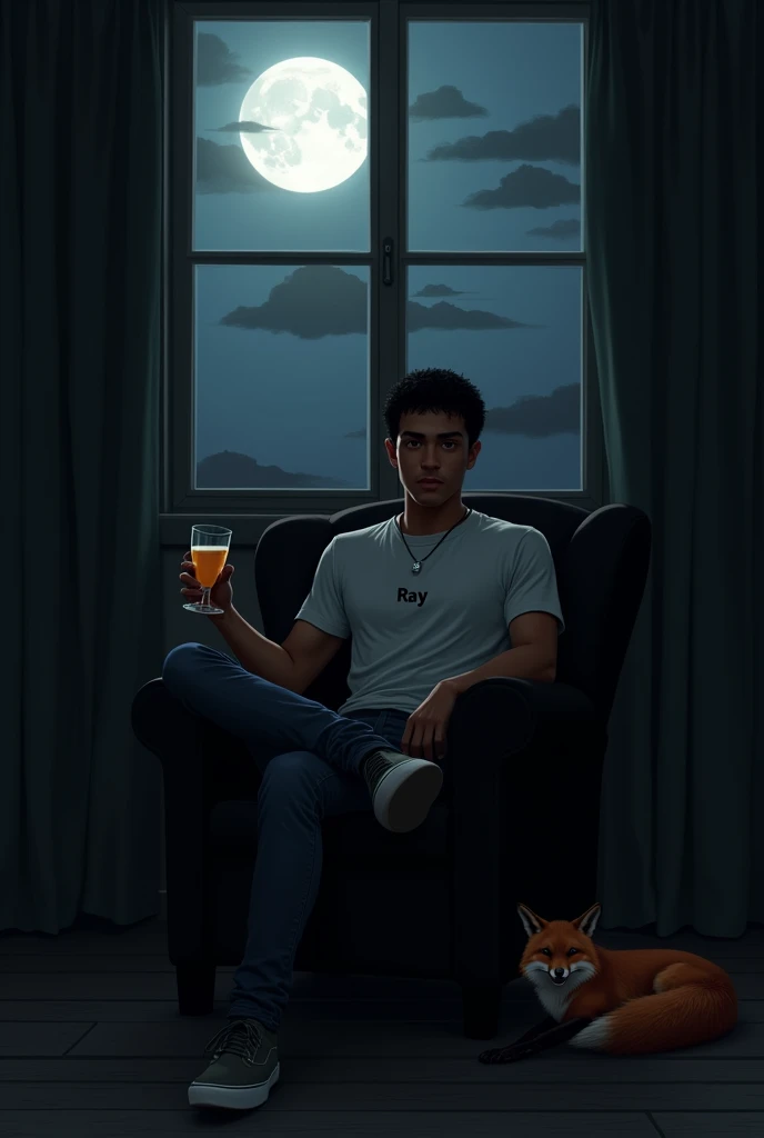 a calm mixed skin looking guy with short black hair sitting in a black chair in the dark while one hand is holding a drinking glass with his legs crossed with shoes on with a necklace saying ray and a fox is sitting under his chair with the moon in the window in a few clouds covering it