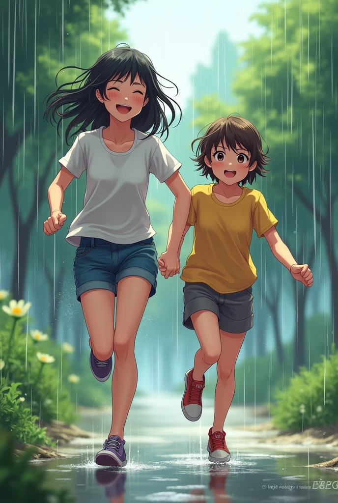  2 girls holding hands running in the rain and laughing,The first tall girl with a medium build and a pear-shaped body,Brown eyes,medium-long black hair and the second girl of medium build with a rectangular body,Brown eyes,short hair without bangs,Small front