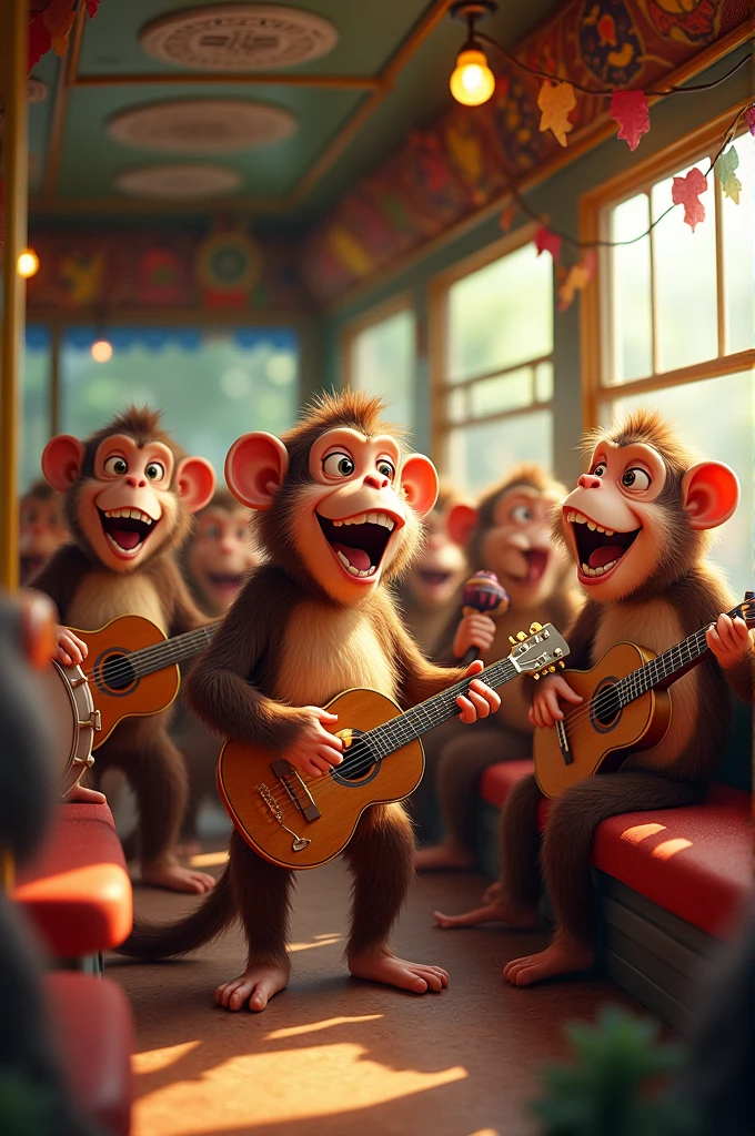 A scene inside the bus with several monkeys playing musical instruments, all harmonizing and singing "oh oh oh" together, creating a fun musical atmosphere.