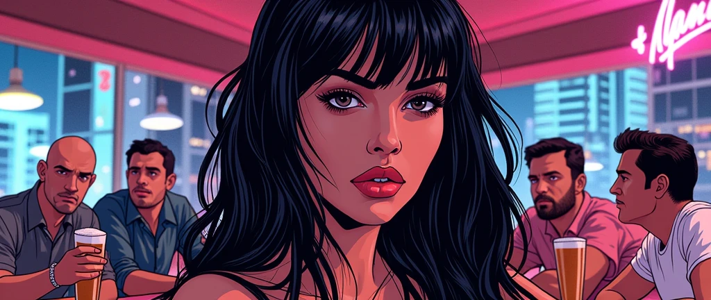 Contour drawing with thick lines, portrait of a woman in GTA style, black hair, background - miami city guys with beer,
