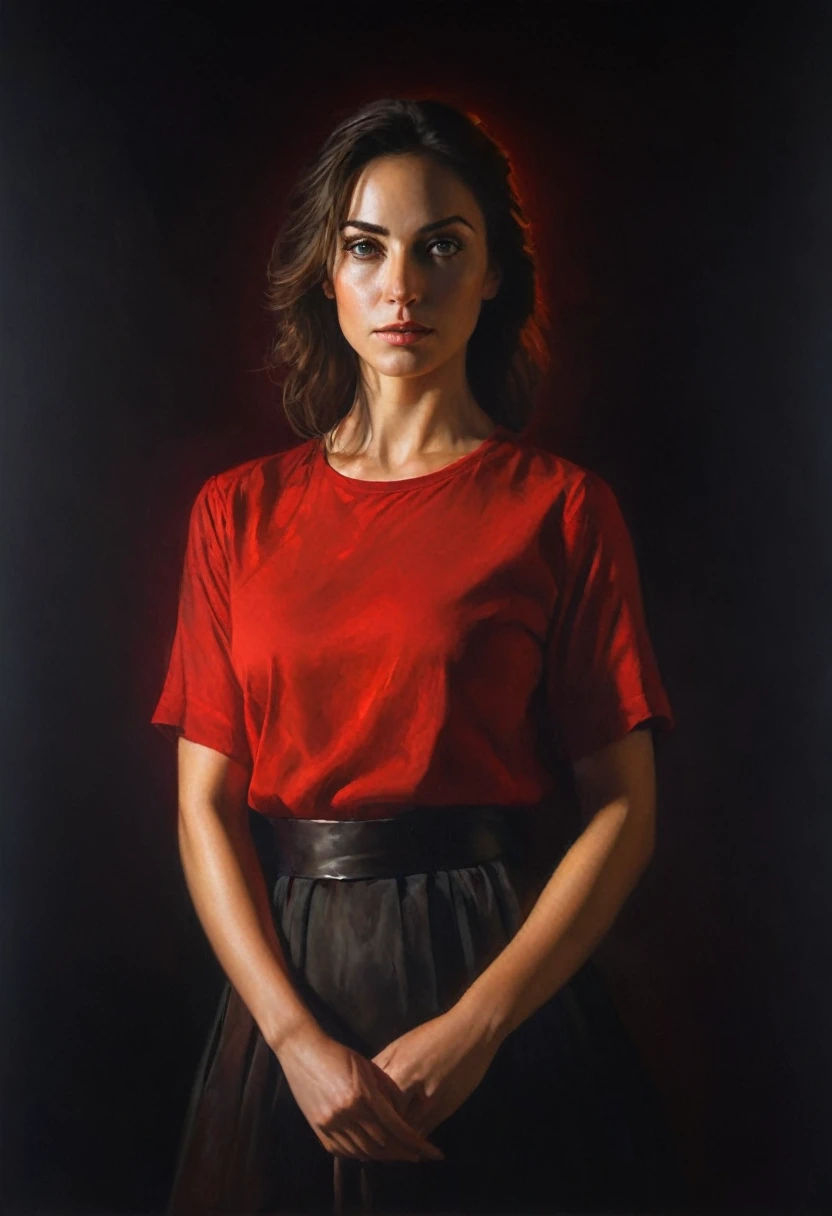 painting of a a waist-length portrait of a beautiful woman with light eyes, in a red shirt, 35 old, the play of light and deep shadow on her face, dark atmosphere, cinematic scene, volumetric lights, ultra realistic, in the style of nicola samori