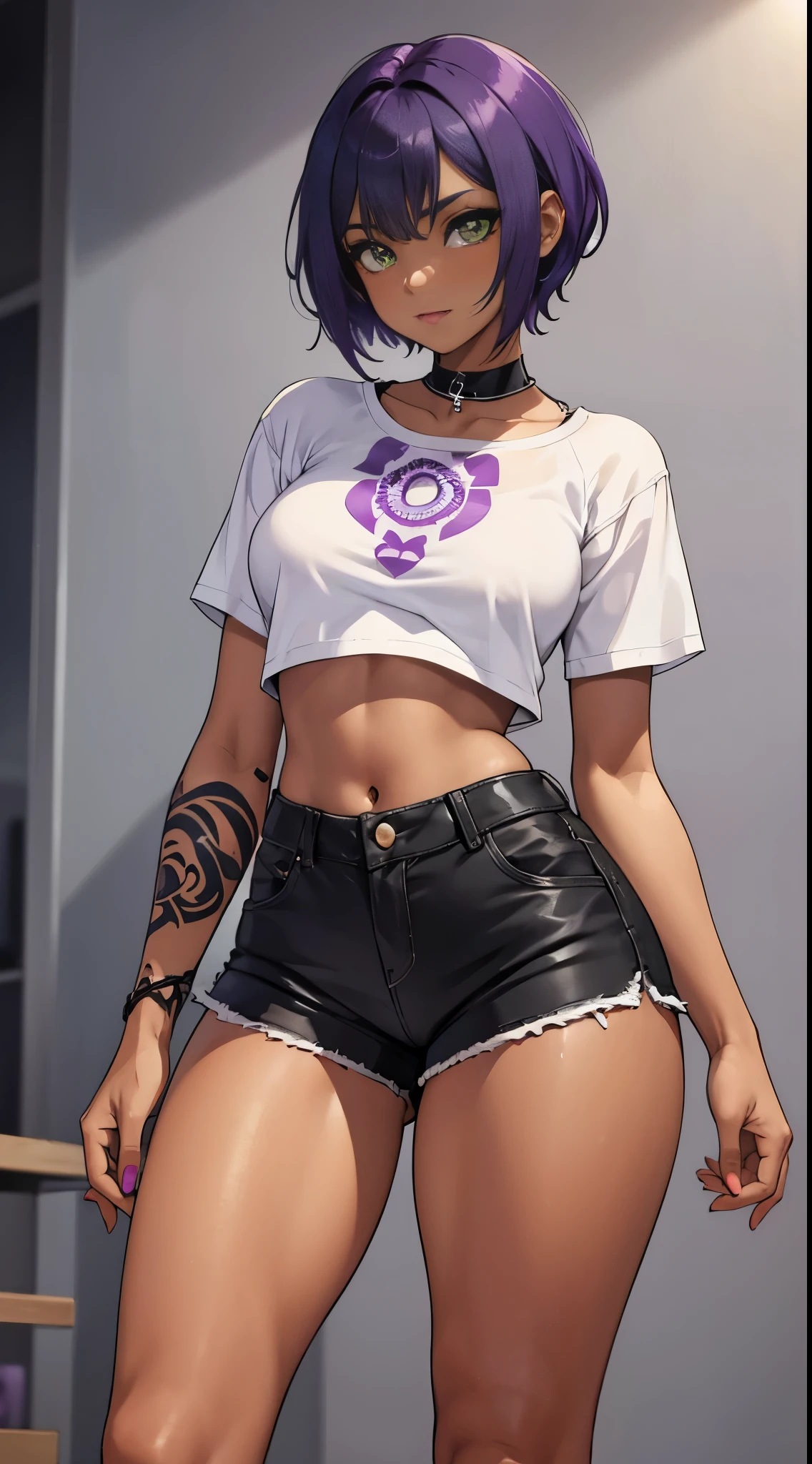 Beautiful black girl, had green eyes, Purple Hair, He has several tattoos all over his body., Wearing shorts, The outline of her thighs is clearly visible, Wearing a short blouse, Show me your belly