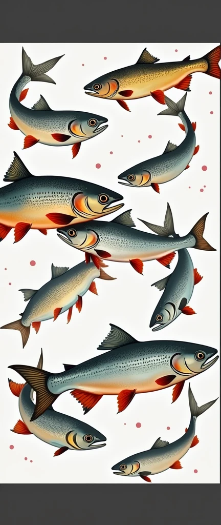 one hundred any freshwater fish trout, in one big picture means completeness, endless pattern, arranged in a chaotic manner, illustration for a postcard, vector