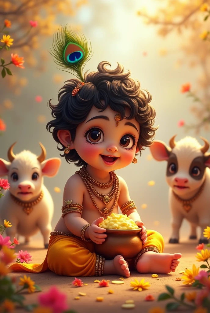 Create an adorable image of baby Krishna. He is shown sitting playfully, with a radiant smile and big, expressive eyes. He is dressed in traditional attire, adorned with a peacock feather in his hair. Krishna is holding a small pot of butter, with some butter smeared on his face, showing his love for the treat. Surround him with colorful flowers and a few playful cows in the background. The scene should be warm and enchanting, with a soft, glowing light that highlights Krishna's innocence and charm."