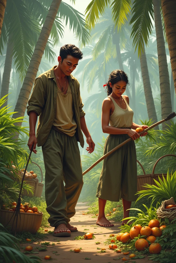 a handsome Indonesian man aged 30 years,clean face, fair skin,shabby clothes, harvesting palm fruit on a palm oil plantation.and a beautiful Indonesian woman is picking palm fruit next to the man.
There are several palm oil harvesting equipment and work supplies.