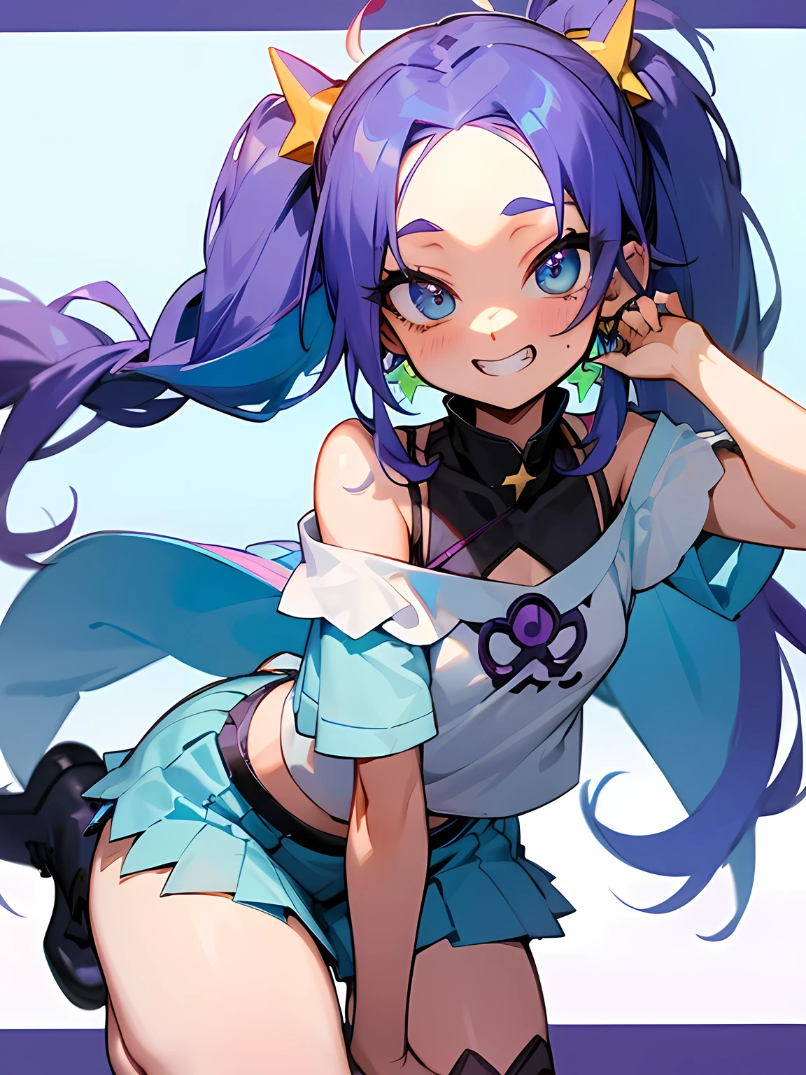 (from abov:1.3),solo,(looking at viewer:1.2),((leaning foward:1.3)), (wariza),close up cute face,multicolor curly sideup hair, (tsurime), big forehead, eyelash, punk lady clothing, offshoulder, white camisole, pastel blue miniskirt, fishnet stockings, punk rock image, Sing a song、(diva),(I am the star）、grin