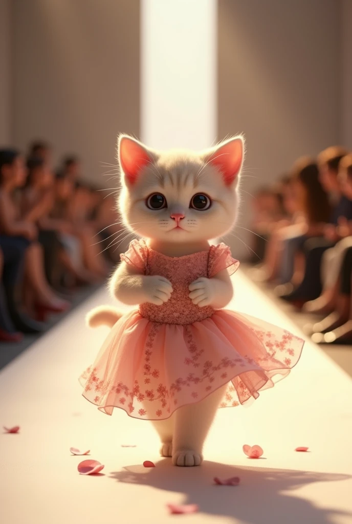 (photorealism:1.2), cute cat wearing floral dress walking on the runway 