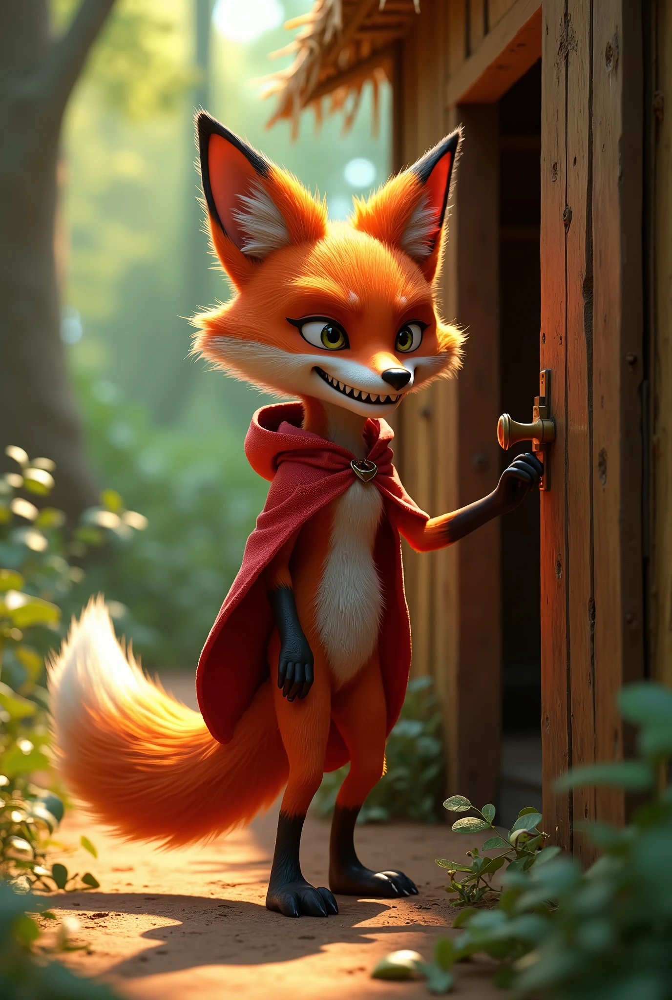 closeup 3D illustration, (1male fox:1.2), (sinister yet playful expression:1.5), dangerously playful, dark humour, wearing a red cape and a red hoodie standing on its too feet like a cartoon character, lean build, (disproportionate body long nose and mouth), (smiling notoriously with expression of ), (realistic fur texture), (jungle background:1.4), standing and knocking the door of a straw house, sunlight filtering through the trees, (soft lighting:1.3), (green and earthy color scheme:1.3), (highly detailed), (ultra quality:1.3), (masterpiece), (digital art), 8K resolution, HDR, depth of field, (soft shadows), (photorealistic:1.3), (animation:1.2), (by Greg Rutkowski:0.9), (in the style of Alphonse Mucha), trending on ArtStation, award-winning art