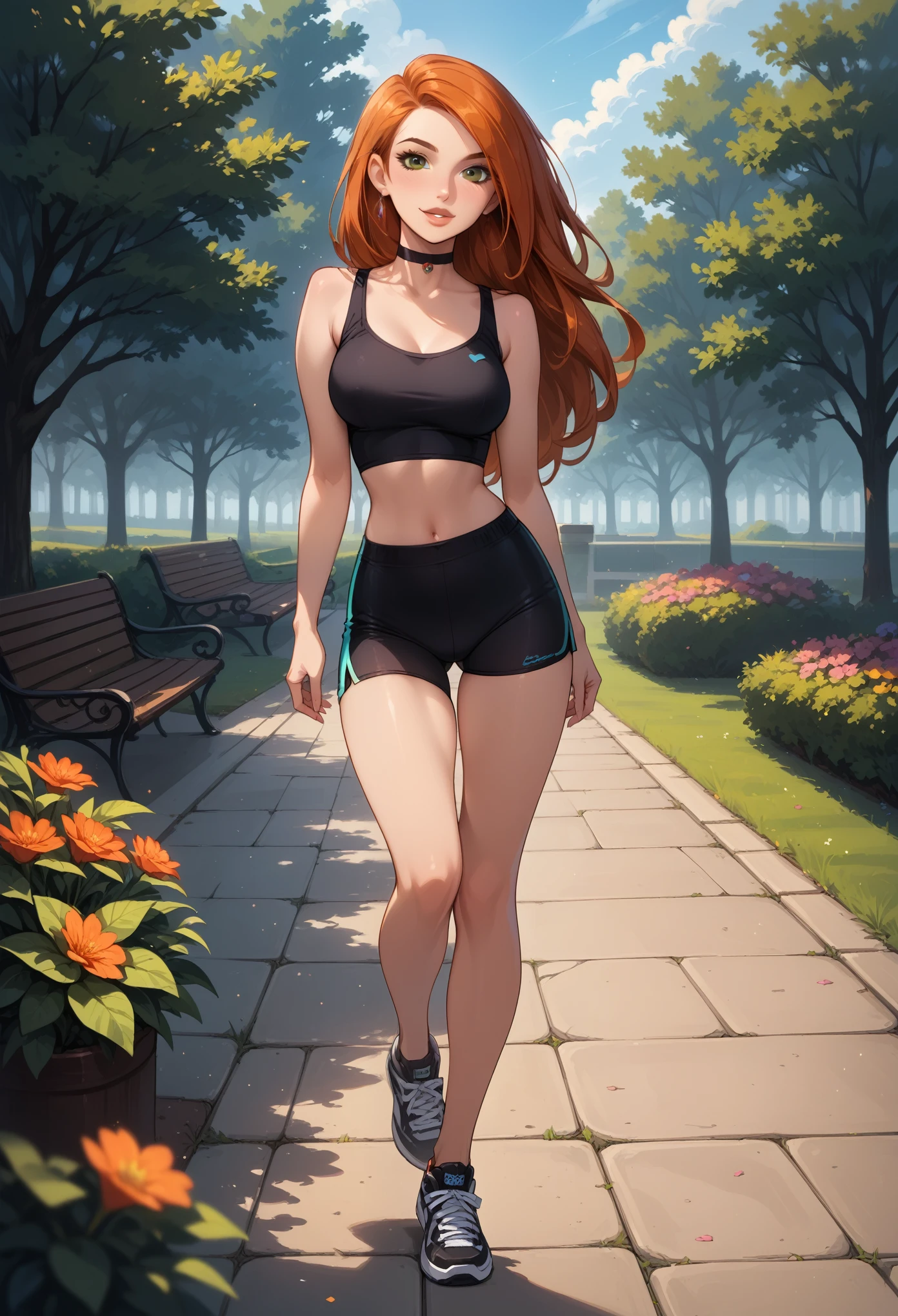 score_9, score_8_up, score_7_up, score_6_up, rating_safe, source_cartoon, BREAK beautiful Kim Possible (orange-red hair:1.1), sexy smirk, BREAK sexy gym attire, sneakers, choker, BREAK walking in park, daytime, sunny, beautiful trees and flowers, BREAK shallow depth of field, BREAK highly detailed, bokeh, moody, epic, gorgeous, grainy, BREAK (ultra-detailed), (best illustration), (best shadow), (absurdres), (detailed background), (very aesthetic).