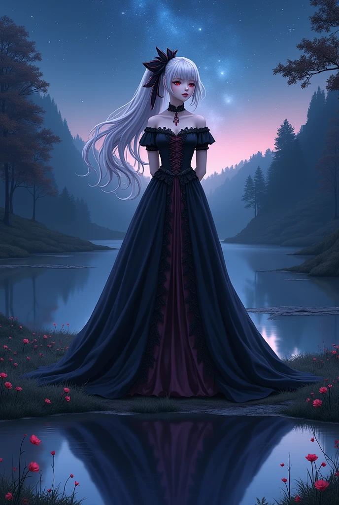 shalltear bloodfallen, shalltearcostume, ponytail, outdoors, (night, starry sky:1.2), masterpiece, arms behind back, best quality, 1girl, full body, closed mouth, lake, reflection, outdoors, official wallpaper