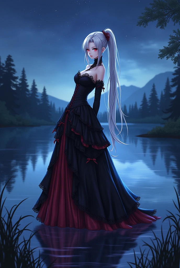 shalltear bloodfallen, shalltearcostume, ponytail, outdoors, (night, starry sky:1.2), masterpiece, arms behind back, best quality, 1girl, full body, closed mouth, lake, reflection, outdoors, official wallpaper