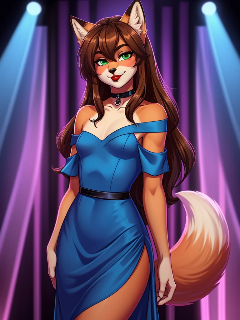 Best quality, furry male fox with green eyes, with brown long hair, with black spout, with red lipstick on lips, big lips, in a blue dress, a femboy, crossdressing,  shy, choker on the neck, off-the-shoulder dress, flirts, sexy pose, portrait, against the backdrop of an empty nightclub