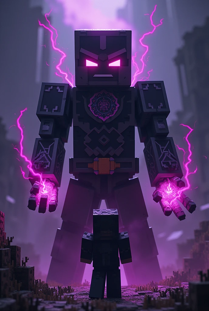 Crete a New Minecraft Caracter in purple and Black theme in a angry emotion with a dark background using his superpower to kill a Minecraft Steve. Also generate the skin of this caracter to use in Minecraft