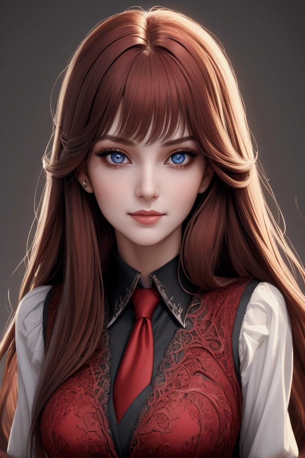 low angle, low angle camera, woman looking down at viewer, looking down at camera, smirking, (incredibly absurdres, (high resolution:1.18), intricate detail, (masterpiece:1.1), (highest quality:1.1), absurdres),1woman, portrait, red thick hair, long hair, straight hair, detailed eyes, arrogant smile, sharp eyes, villain girl, blood on face, dark, emo, vest and necktie outfit, perfect face, perfect lips, perfect eyes, perferct nose, beautiful woman, pretty woman, gorgeous woman, attractive woman