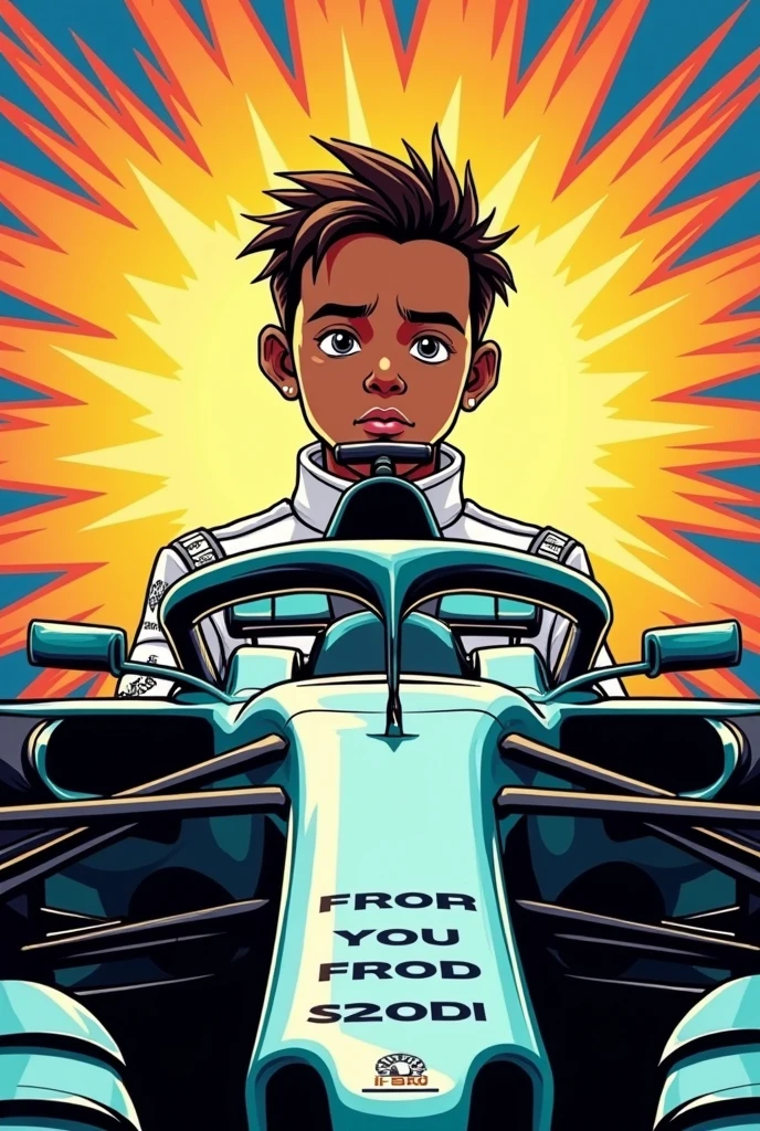 lewis hamilton when he child, look at the car. in comic style


