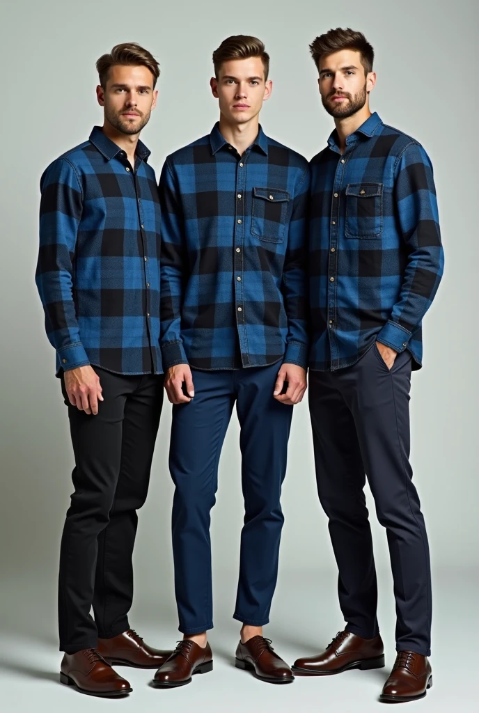 A full body pic of three men each wearing similar blue striped black striped white flannel shirts but different trousers and shoes