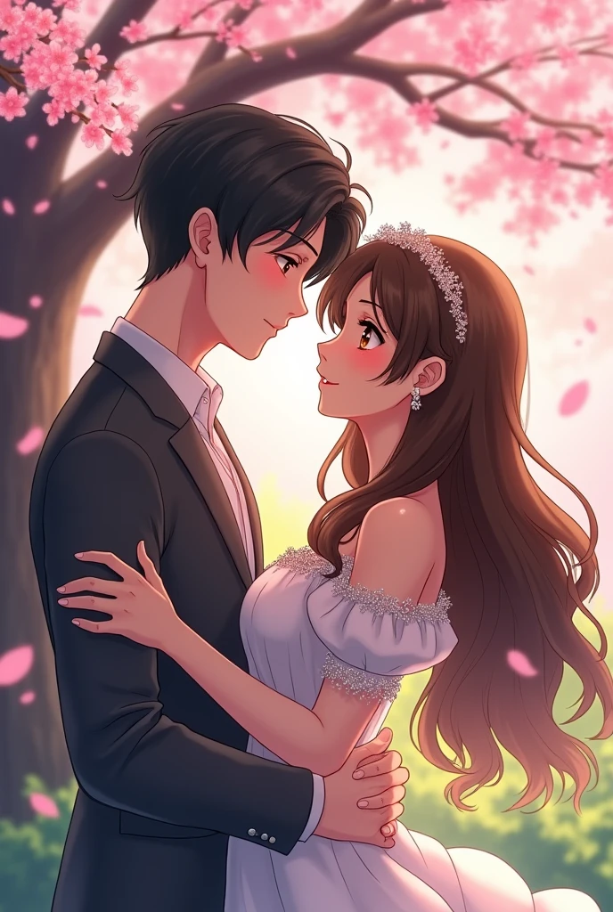 Anime handsome young man, short black hair, hugging a long brown haired girl, amber eyes, cherry blossom tree
