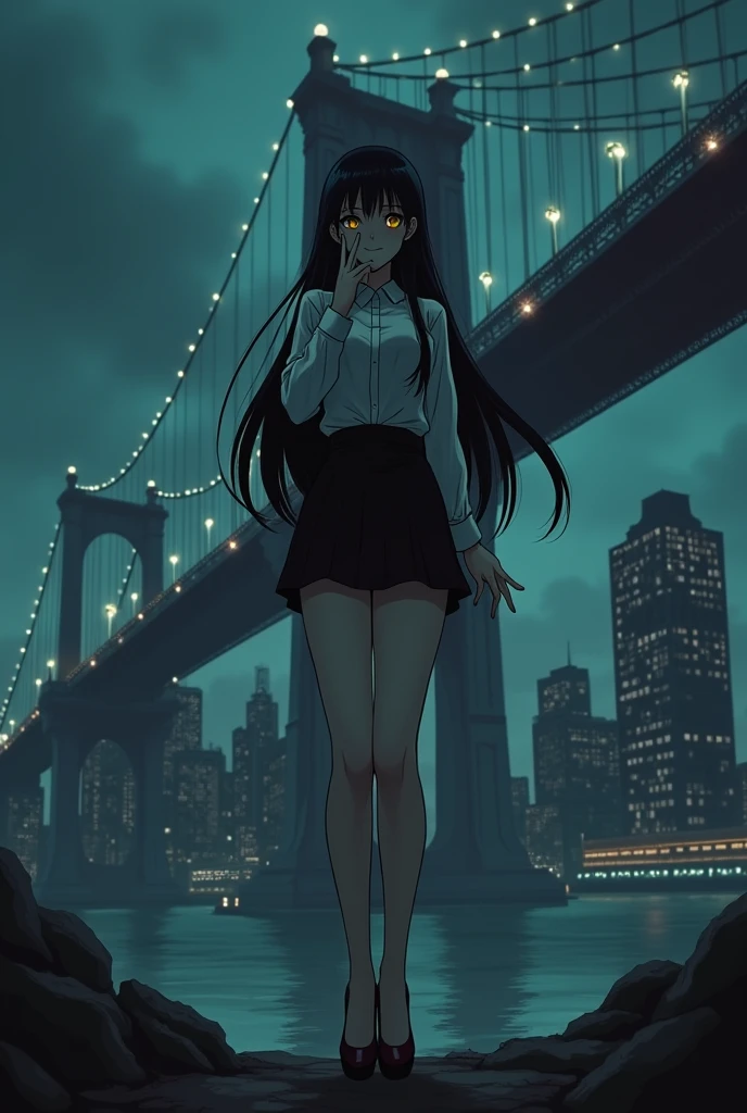 The image is anime style cowboy bebop and Darker than black with shadows and dim lights, anime style although somewhat adult and dark, It shows a woman with black hair and dark yellow eyes., smiling in a sinister and psychopathic way, who wears a formal shirt and skirt and makes a photo sign with his fingers. He looks psychopathic, is stopped, You can see the black high heels she wears. Behind her, You see a huge city with a huge bridge that goes to the sky. stop, You can see the black high heels she wears. Wear high heels, you can see his feet. Long hair.