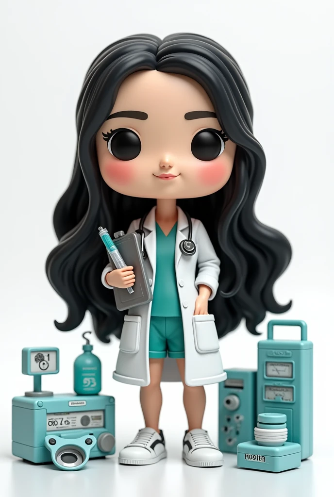 Create a Funko Pop of a girl named Kellen, De pele clara, long black hair. Funko must be wearing doctor&#39;s clothes and medical equipment, in a hospital environment, Typography, the rendering must be in 3D with a white background.