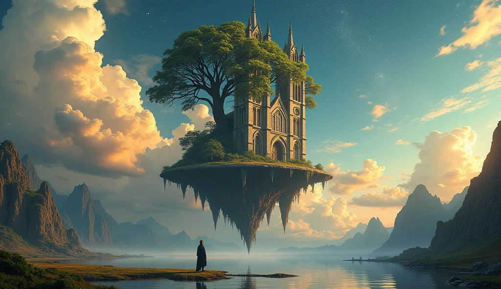 Create a stunning, ultra-realistic surreal scene that defies the boundaries of reality and captivates the viewer's imagination. The image should depict a dreamlike landscape where elements of nature, architecture, and the human form blend seamlessly in unexpected and extraordinary ways. Imagine a floating island in the sky, with a colossal ancient tree growing out of a gothic cathedral, its roots intertwining with the stone walls and branches reaching towards the heavens. The sky should be filled with swirling clouds, merging with the vibrant colors of a sunset and transitioning into a starry night, creating an ethereal backdrop.
In the foreground, include a serene, reflective pool of water that mirrors the fantastical scene above, with ripples distorting the reflection, adding to the surreal effect. Small, glowing orbs of light should hover around the scene, casting a soft, otherworldly glow. The ground can be a mosaic of natural elements—grass, sand, and stone—blending in unnatural yet visually harmonious ways.
The human element can be a figure standing at the edge of the island, gazing upwards in awe, dressed in flowing, futuristic garments that ripple as if moved by an unseen wind. The figure should have a slight translucency, giving the impression of being part of the dreamscape.
Incorporate elements of distortion and impossible physics, such as gravity-defying waterfalls or buildings that twist into themselves, to emphasize the surreal nature of the scene. The color palette should be vibrant yet balanced, with an emphasis on contrast between light and dark areas to create depth and drama. Every detail should be meticulously rendered, creating a masterpiece that pulls the viewer into a world where the impossible becomes real.