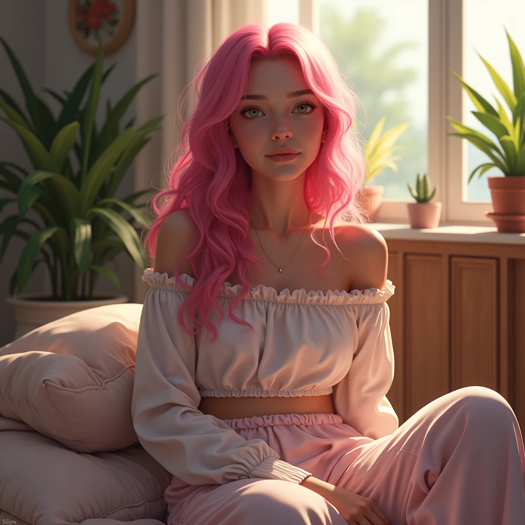 (photorealism:1.2), beautiful woman, pink hair , ((((realistic)))),sitting on bed, wearing loose off-shoulder top, pajama pants, long wavy hair, close up angle , indoors, soft lighting, plants in background, window with sunlight, cozy room, relaxed pose, realistic, intricate details, bright colors,