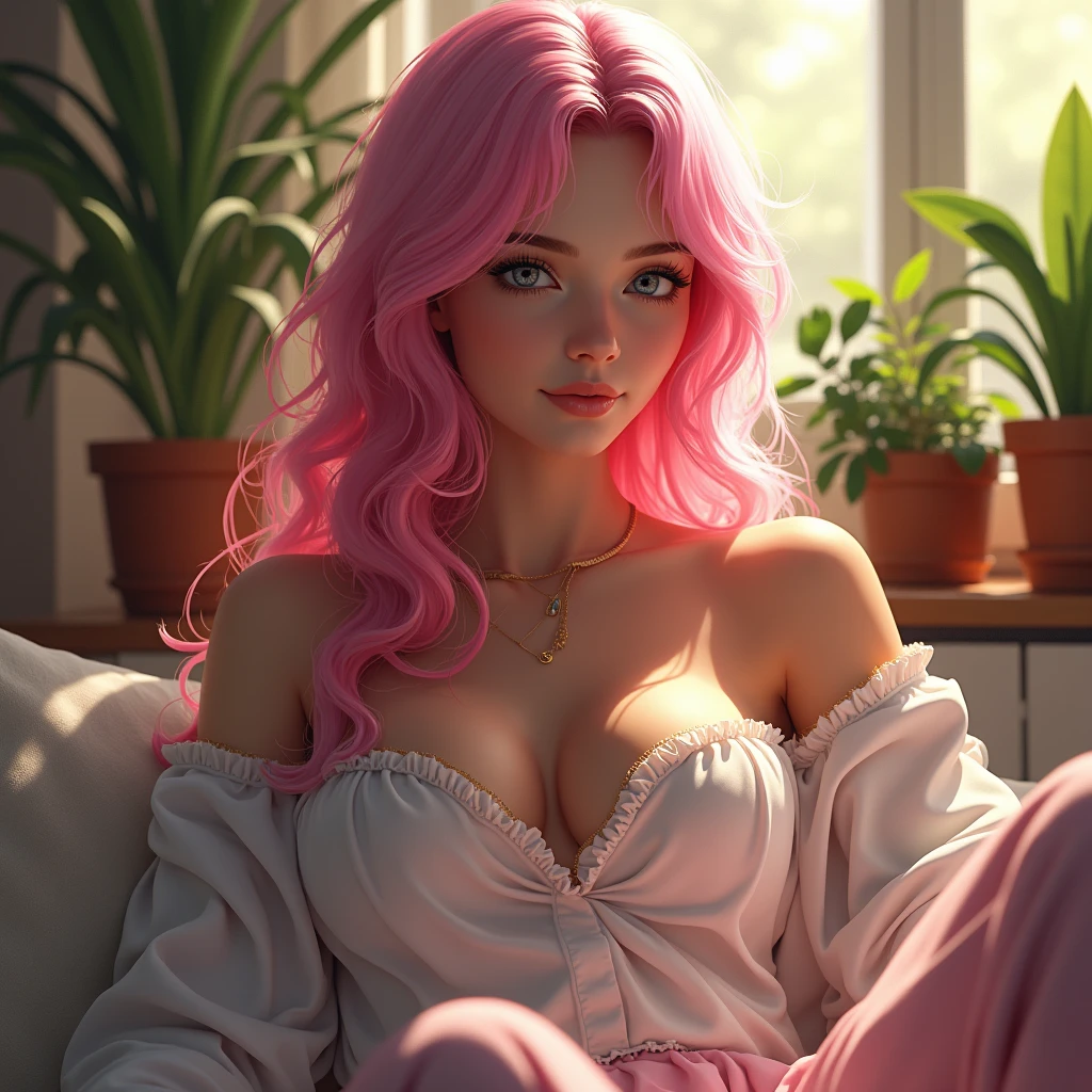 (photorealism:1.2), beautiful woman, pink hair , ((((realistic)))),sitting on bed, wearing loose off-shoulder top, pajama pants, long wavy hair, close up angle , indoors, soft lighting, plants in background, window with sunlight, cozy room, relaxed pose, realistic, intricate details, bright colors,