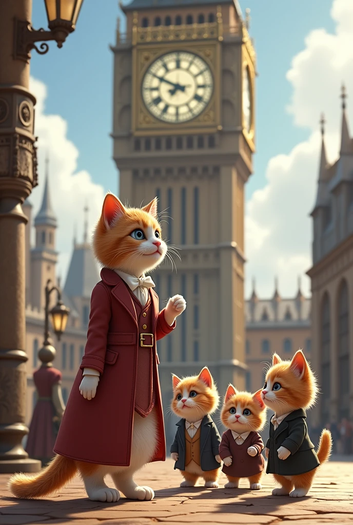 Adult female cat tour guide at clock tower with three kittens dressed in dress clothes watching time.