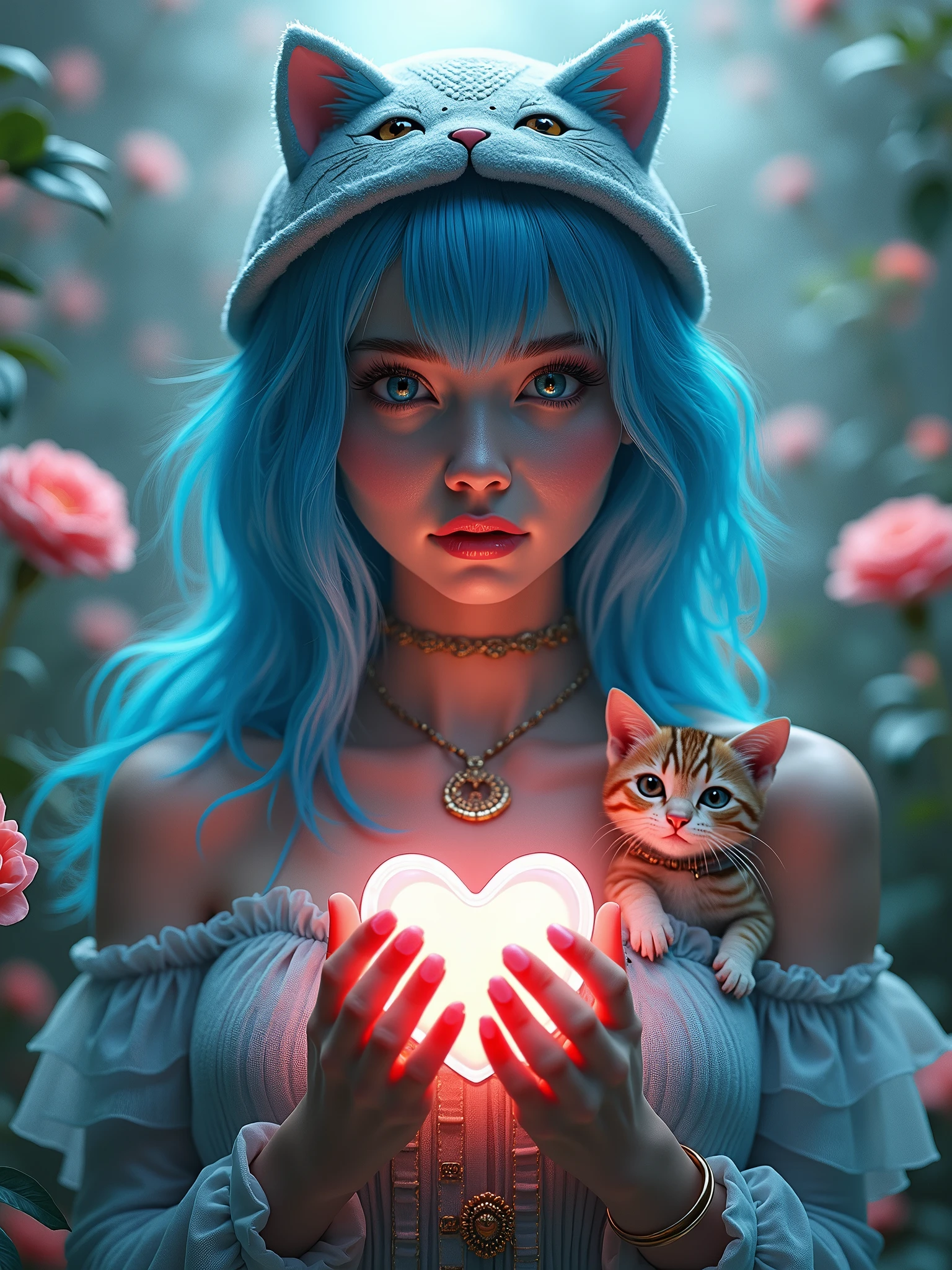 a woman with blue hair and a cat hat holding a heart in her hands with flowers around her and a cat on her chest, Android Jones, fantasy art, trending on art station, cyberpunk art