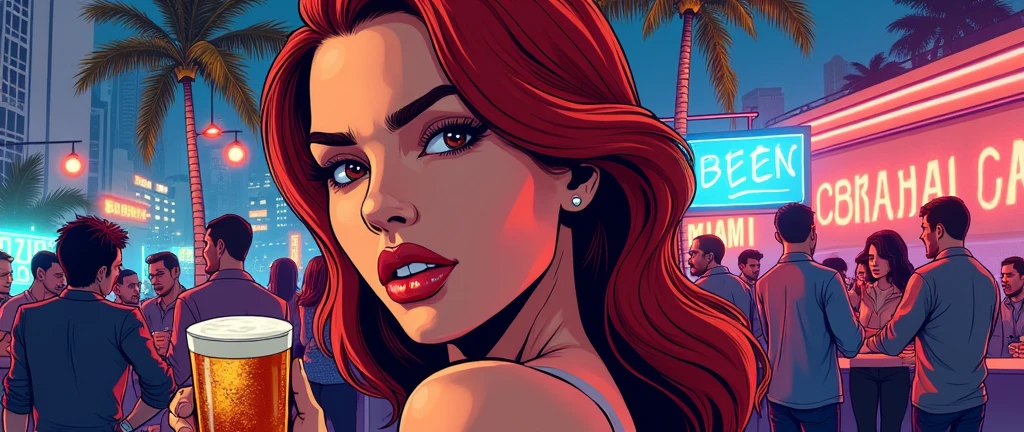Contour drawing with thick lines, portrait of a woman in GTA style, redhead, background - Miami city, guys with beer, people with beer,