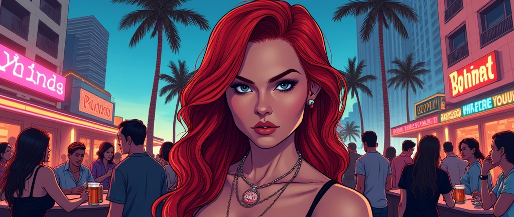 Contour drawing with thick lines, portrait of a woman in GTA style, redhead, background - Miami city, guys with beer, people with beer,