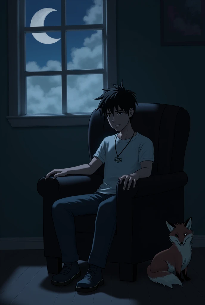 a calm mixed skin tired looking guy with short black hair sitting in a black chair in the dark while one hand is holding a drinking glass with his legs crossed with shoes on with a necklace saying ray and a fox is sitting under his chair with the moon in the window in a few clouds covering it 