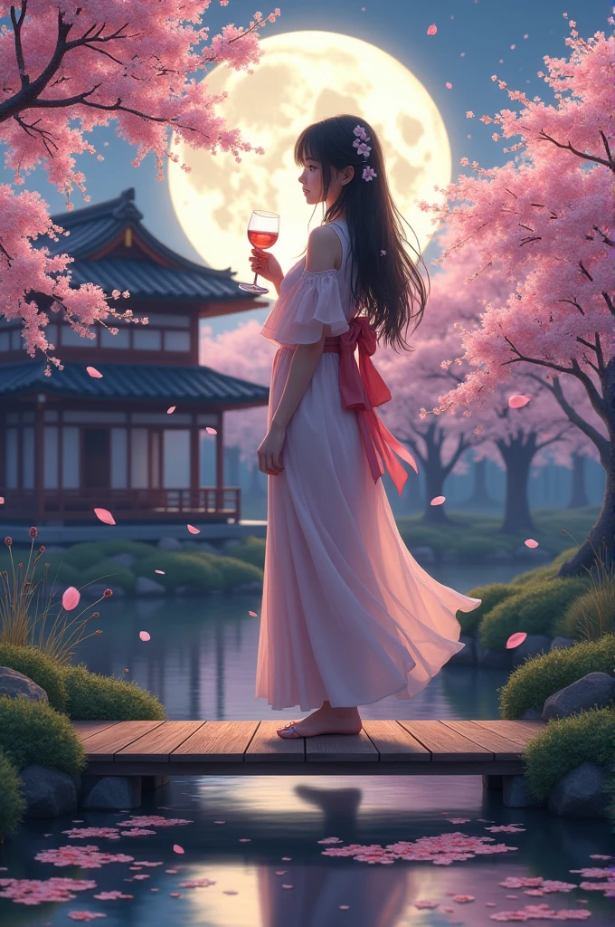 A Japanese woman drinking wine, wearing ta clothes, standing on a wooden bridge over a small pond in a Japanese house, with cherry blossom trees and petals flying in the wind on a full moon night