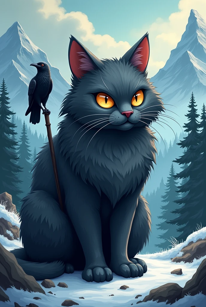 Cartoon of the Norse God Odin as a dark grey cat