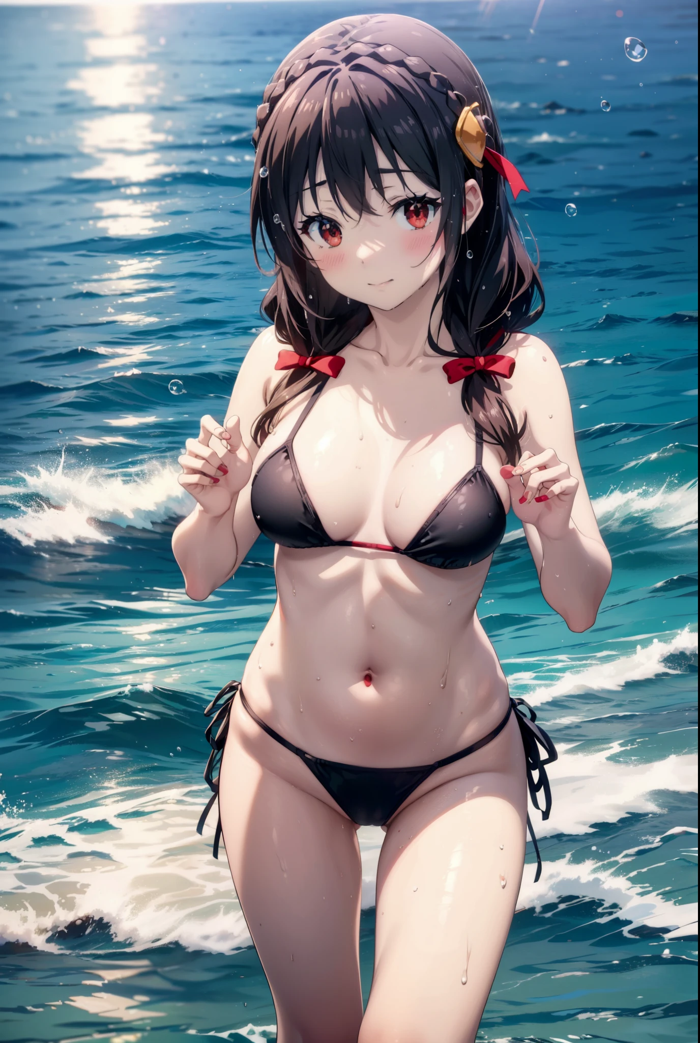 (full body, pov Kunoichi style swimsuit) (beautiful body), (solo:2, 15 yo, blunt bangs:1.3 black hair long hair sexy shrine girl, sexy closed eyes, happy smile), (in a japanese beautiful ninja:1.3 bikini swimsuit, exposure wabisabi:1.3 white and red), break, in the Swimsuit contest venue, background Double Exposure beautiful ocean, BREAK, perfect anatomy, masterpiece, best quality, 16k, beautiful detailed love, sexy, daydreaming expression.