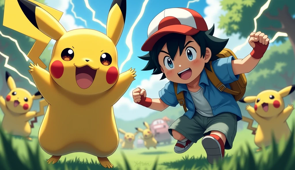pikachu, pokemon (creature), gloves, fingerless gloves, hat, pants, blue eyes, backpack, ash ketchum, open mouth, black hair, baseball cap, jacket, male focus, grass, bag, red (pokemon), electricity, shirt, multiple boys, black shirt, 1boy, open clothes, short sleeves, 2boys, black gloves, looking at viewer, clenched hand, blue jacket, open jacket, teeth, tongue, glowing, red eyes, denim, bangs, spiked hair, watermark