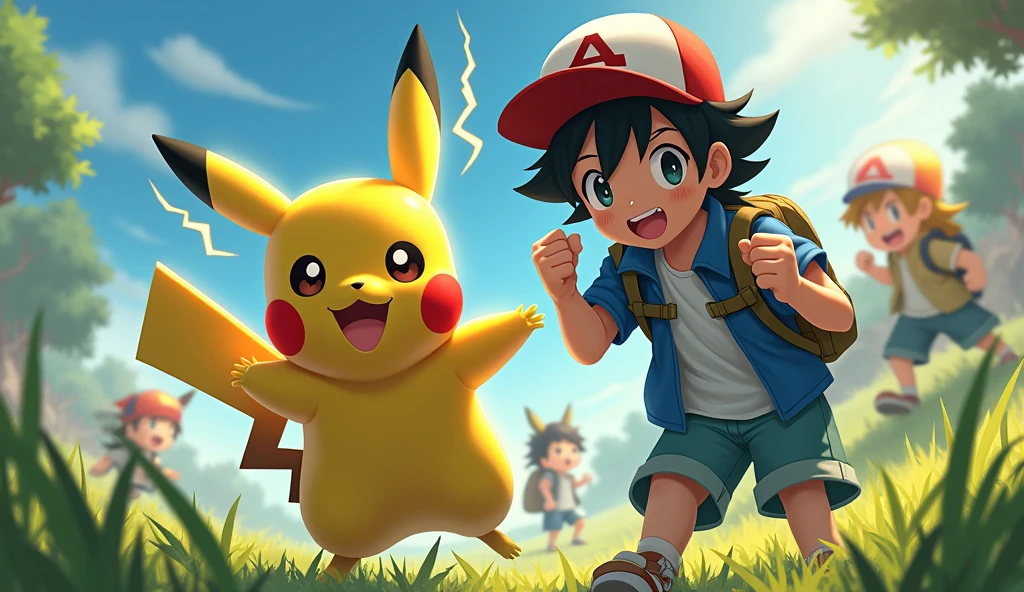 pikachu, pokemon (creature), gloves, fingerless gloves, hat, pants, blue eyes, backpack, ash ketchum, open mouth, black hair, baseball cap, jacket, male focus, grass, bag, red (pokemon), electricity, shirt, multiple boys, black shirt, 1boy, open clothes, short sleeves, 2boys, black gloves, looking at viewer, clenched hand, blue jacket, open jacket, teeth, tongue, glowing, red eyes, denim, bangs, spiked hair, watermark