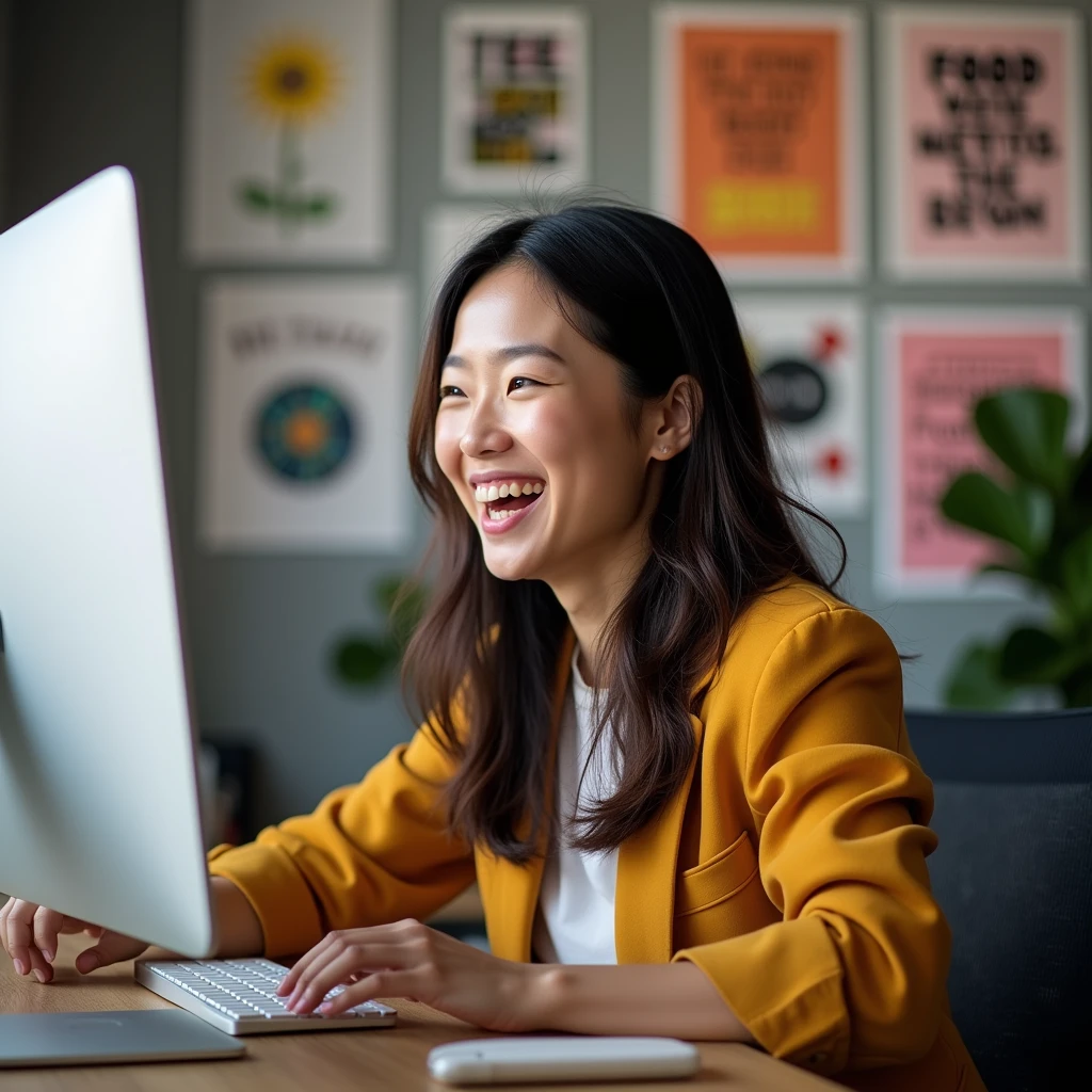 A scene of an Asian woman happily doing web design。She has a bright smile、I'm using a computer。In the background there is a wall with inspirational posters。The overall vibe should be creative and fun.。