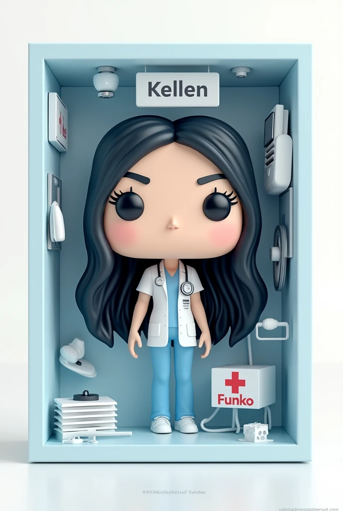 Create a Funko Pop box of a girl named Kellen, De pele clara, long black hair. Funko must be wearing doctor's clothes and medical equipment, in a hospital environment, Typography, the rendering must be in 3D with a white background.
