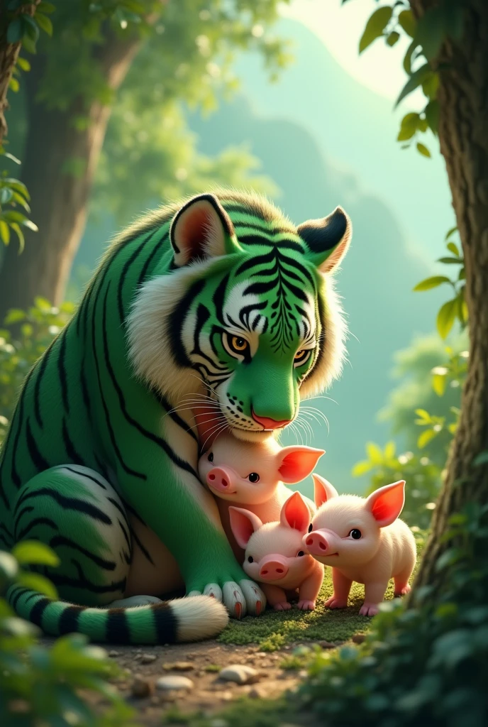 a green tiger in a mountain cave, caring for many little pigs, happy expression, cute realistic style, forest mountain cave background, detailed animal anatomy, animal fur texture, natural lighting, photorealistic, 8k, high quality, intricate details, dynamic composition, lush vegetation, warm color palette, depth of field