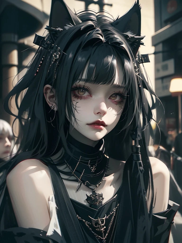 Please take off the cat ears、Highest quality、8k、masterpiece：1.3、Gothic punk、The inside  is red、Black-haired、hair ornaments、Beautiful girl、creative、Dark Fantasy Style、Neogoth、Goth Fashion：1.2、Yellow Eyes、I can see the fangs、Castle at night