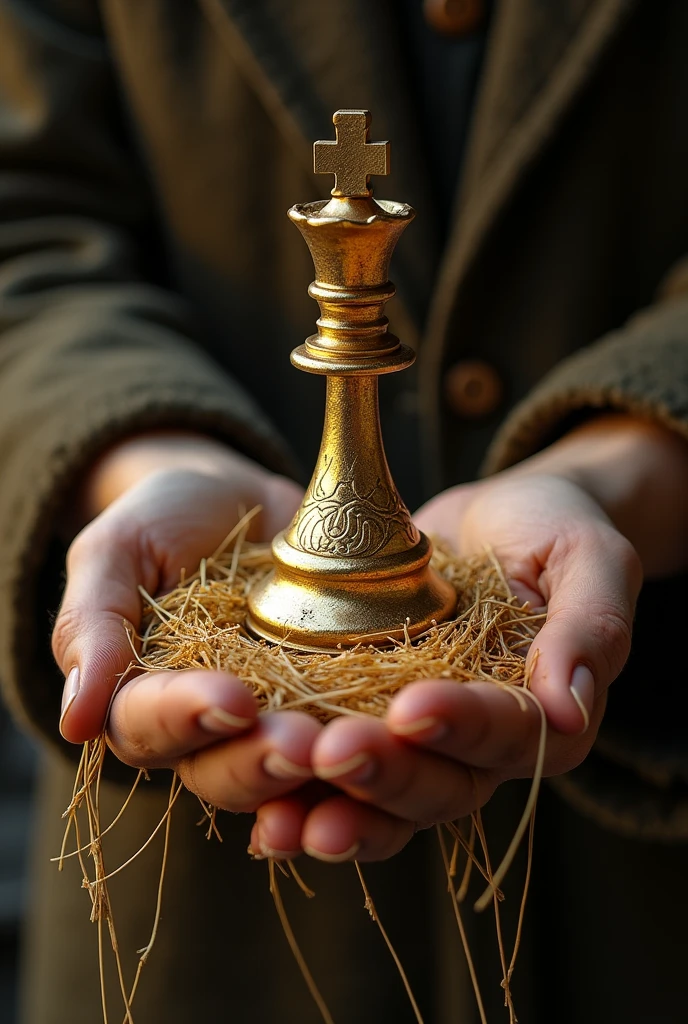A gold metal queen chess pieces on a beatboxer hand full of dry hay