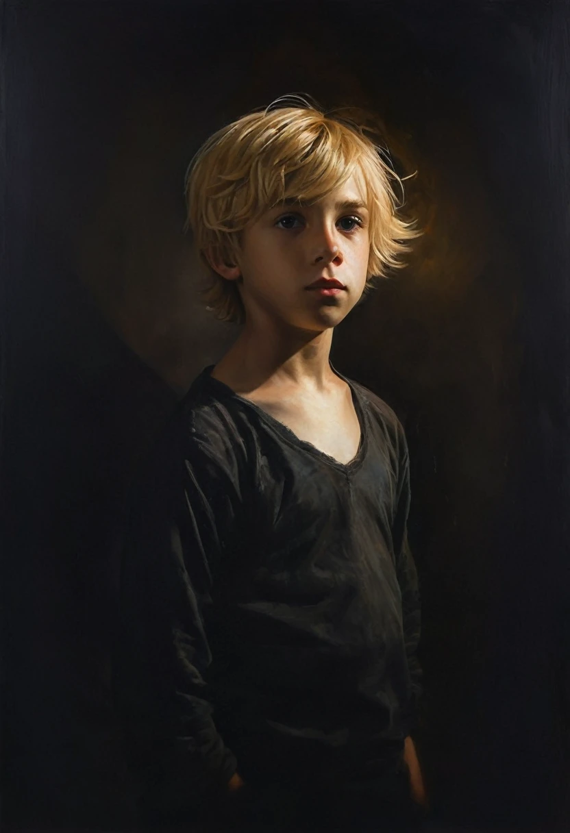 painting of a waist-length portrait of a boy with blond hair, dark atmosphere, cinematic scene, volumetric lights, ultra realistic, in the style of nicola samori
