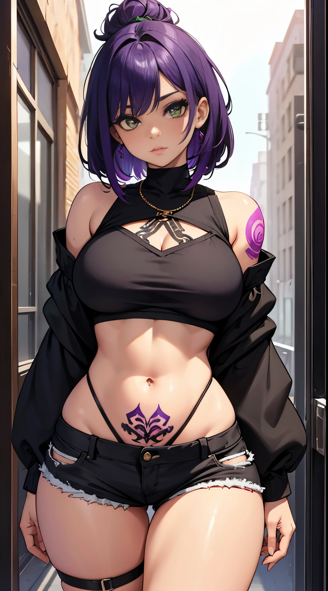 Beautiful black girl, had green eyes, Purple Hair, He has several tattoos all over his body., Wearing shorts, The outline of her thighs is clearly visible, Wearing a short blouse, Show me your belly