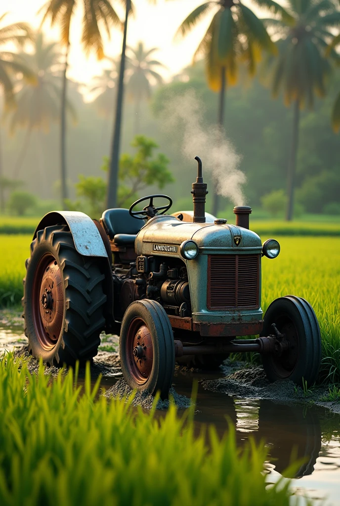 Old Lamborghini tractor on rice paddy field in Philippines