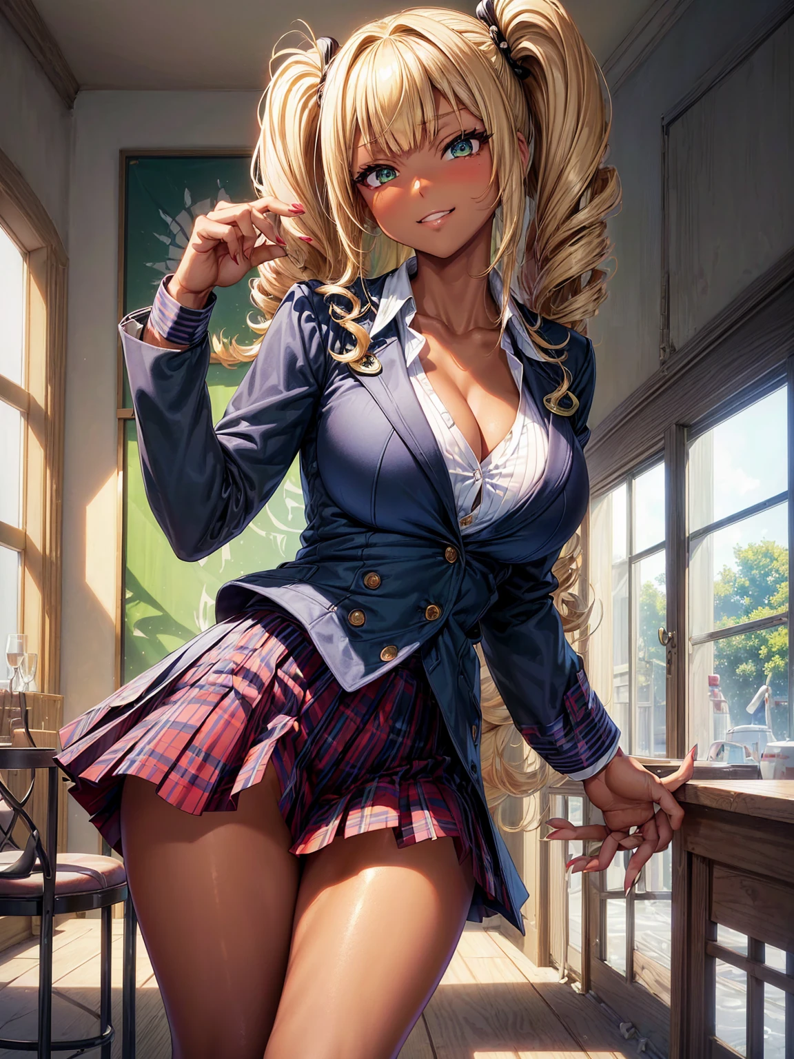 (masterpiece), best quality, expressive eyes, perfect face, (classrom window background), (standing), (smirk), (1girl, kuro gyaru, dark skin Asian, tan skin asian, dark skin, tan skin, tan, bleach blonde hair, bleach blonde hair asian, curly hairstyle with bangs, hair bangs, green eyes, asian eyes, hourglass figure, skinny body, petite_body, short height, large breasts, huge breasts, oppai, thick legs, long fingernails), ((navy_blue_suit_jacket), (white<button_shirt), cleavage exposed, (red_plaid_pattern_pleated_mini_skirt), white stockings, black heels),